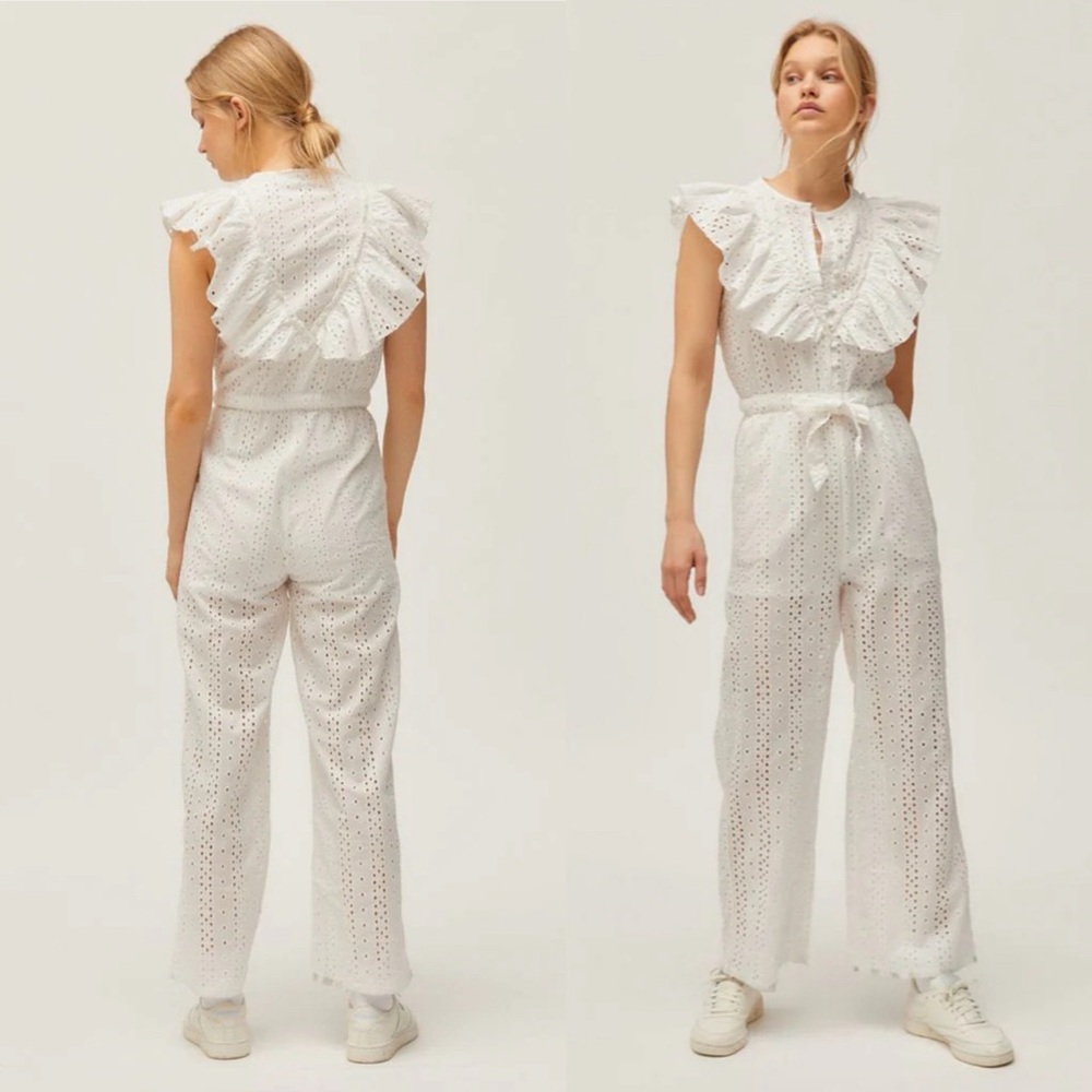 Urban Outfitters White‎ Magnolia Eyelet Ruffle Jumpsuit